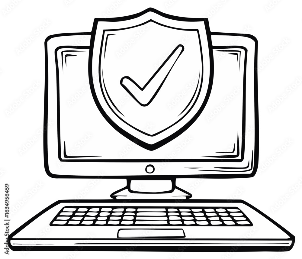 Poster computer with checkmark on shield: internet security, protection of data and safety online