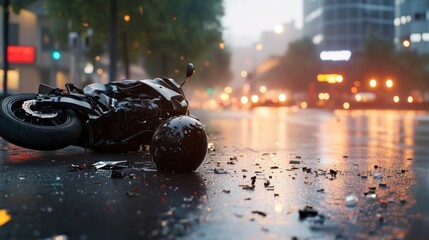 Motorcycle incident on wet city road aftermath of transportation accident