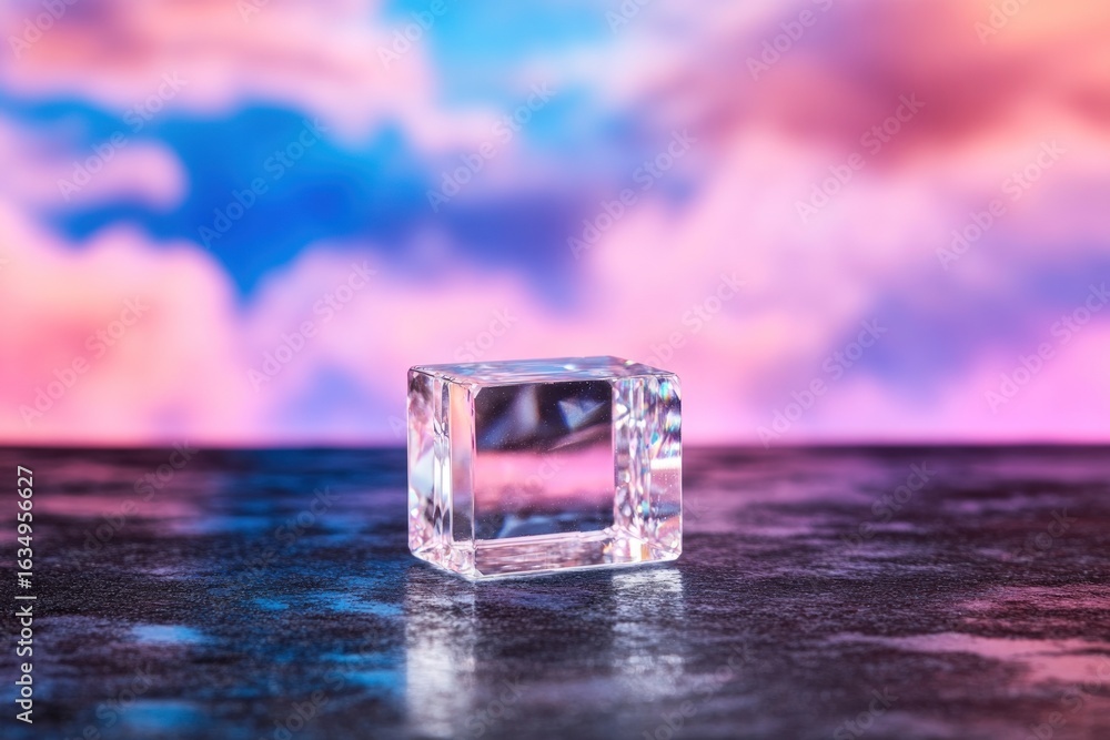 Poster isolated ice cube on reflective surface with abstract gradient background