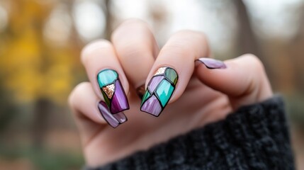 Fototapeta premium Geometric nail art design on fingers with purple green and gold hues manicured fashion