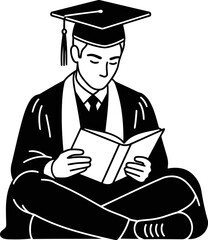 Focused Graduate Reading Book with Graduation Cap and Gown Monochrome Illustration for Education and Academic Achievement