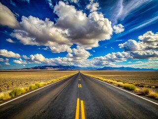 Endless open road stretching through the desert landscape under a blue sky with white clouds