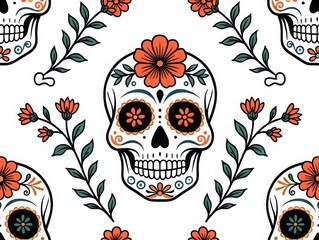Day of the dead sugar skull floral pattern illustration