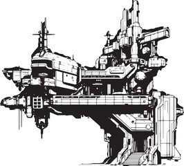Obraz premium Factory, futurism, industry, equipment, mechanisms. Hand drawn vector illustration