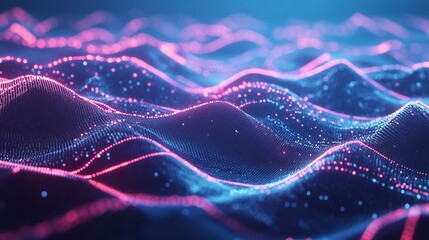 Abstract digital waves with vibrant pink and blue lights create a mesmerizing visual effect in a dark background