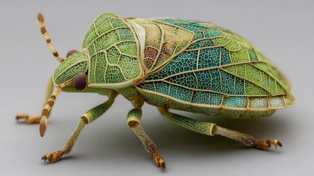 3D green lace bug on azalea leaf displaying chlorotic blotches from sap sucking