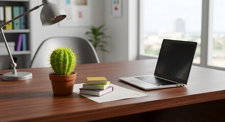 Fototapeta premium A desk with a laptop cactus books and a lamp in a bright modern office space near a window