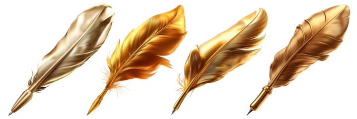 Golden and bronze decorative feathers set element, on transparent background
