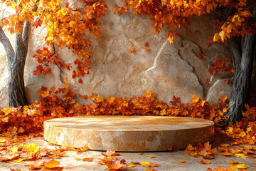 Abstract Empty Space with Round Pedestal and Autumn Leaves