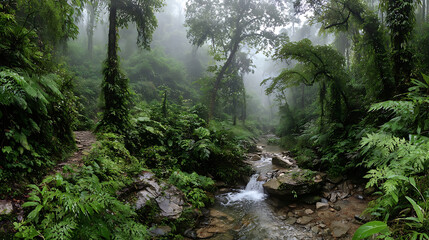 Obraz premium Lush jungle path beside a flowing stream shrouded in mist forest