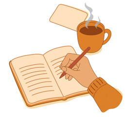 Cozy desk scene with a hand writing in a blank notebook beside steaming coffee and an empty note card. Perfect for customizable templates, planners, lifestyle, and productivity content. Vector format.