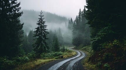 Misty Forest Road Curves Through Evergreen Trees. Perfect for travel, landscape, and nature themes. Atmospheric scene with fog rolling.