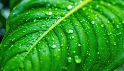 Lush green leaf adorned with glistening water droplets, showcasing the beauty and vibrancy of nature's intricate details and fresh textures