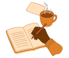 Cozy journaling scene with steaming coffee and blank note card, ready for customization. Empty space for text. Perfect for planners, lifestyle content, and printable templates. Vector format. 