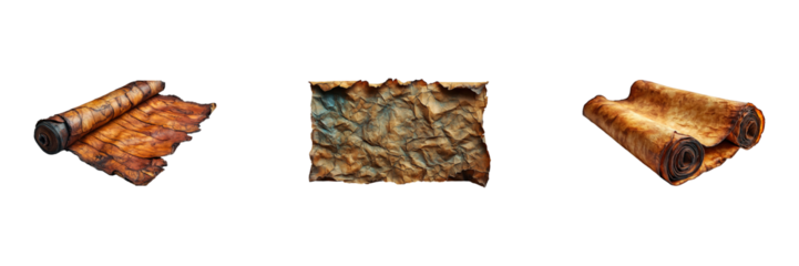 Antique Scrolls And Aged Paper. Historical Document Concept Isolated On Transparent Background