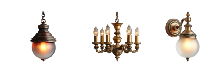 Vintage Lighting Fixtures Collection: Pendant, Chandelier, And Wall Sconce. Elegant Home Decor Isolated On Transparent Background