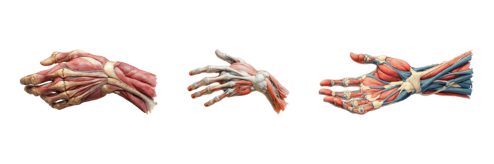 Anatomical Illustration Of Human Hand Muscles And Tendons. Detailed Medical Study For Educational Purposes Isolated On Transparent Background