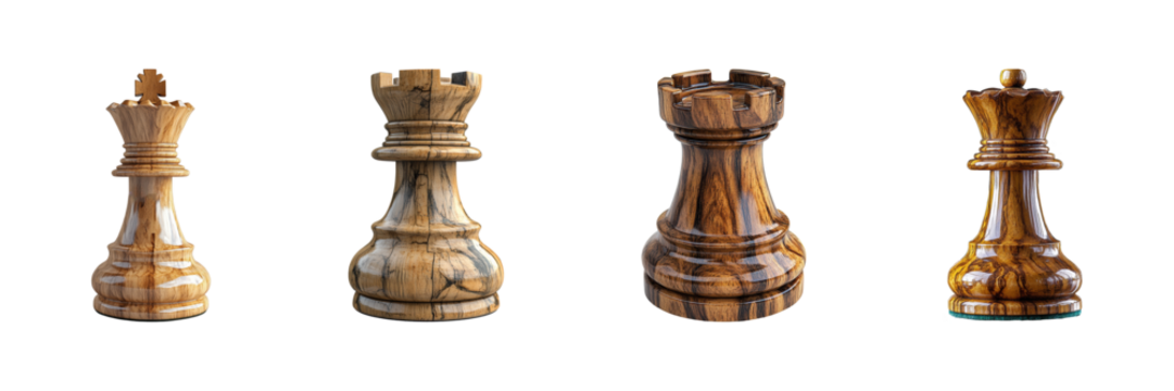 Wooden Chess Pieces. Artistic Craftsmanship And Strategic Game Elements Isolated On Transparent Background