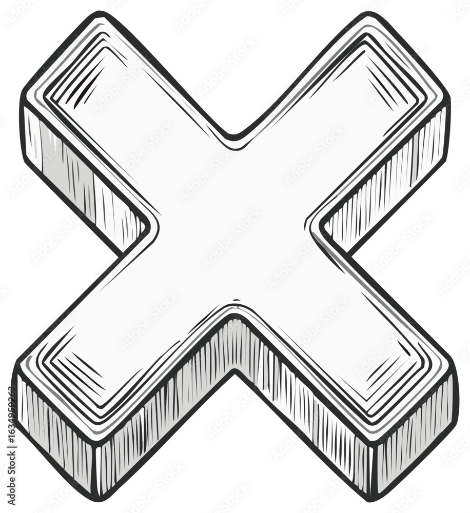 Poster stylized x mark symbol with textured shading and 3d effect drawing
