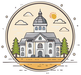 Cartoon Building with Dome, Two Pine Trees, Clouds and Sun in Landscape Scene