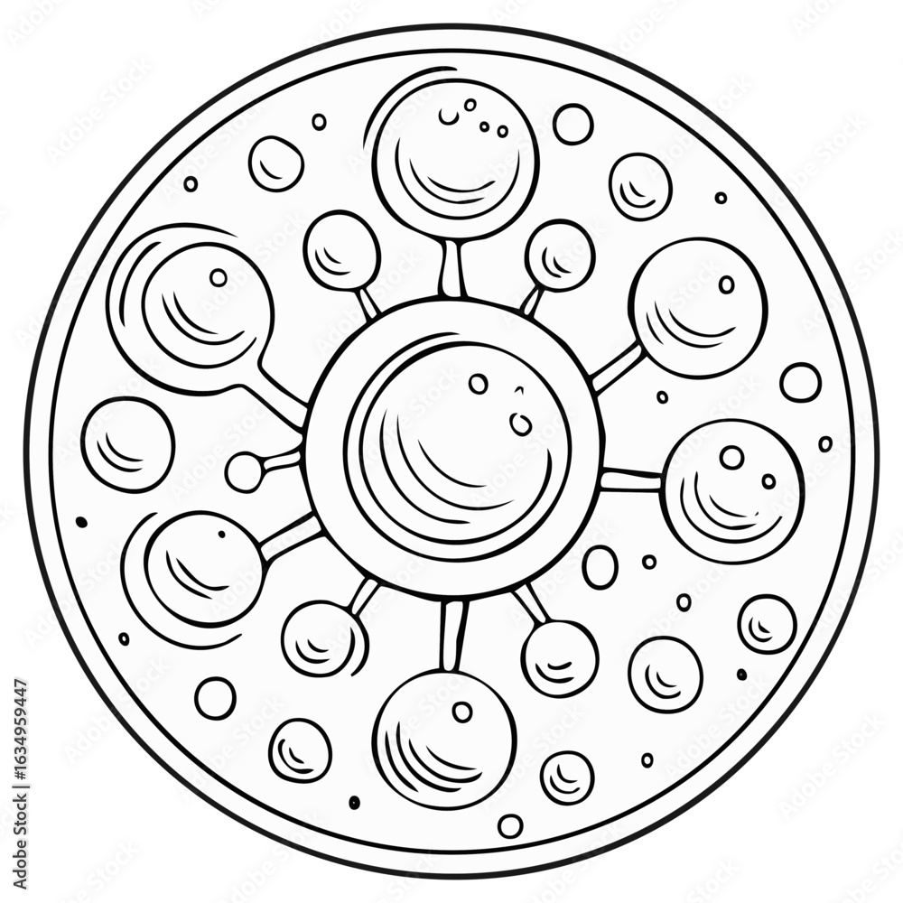 Poster abstract circular design with radiating spheres and circles in a doodle style
