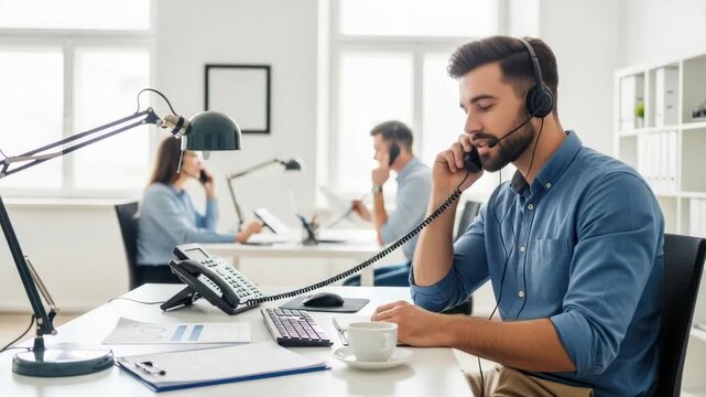 Customer service representative assists clients with clear communication and support in a bustling