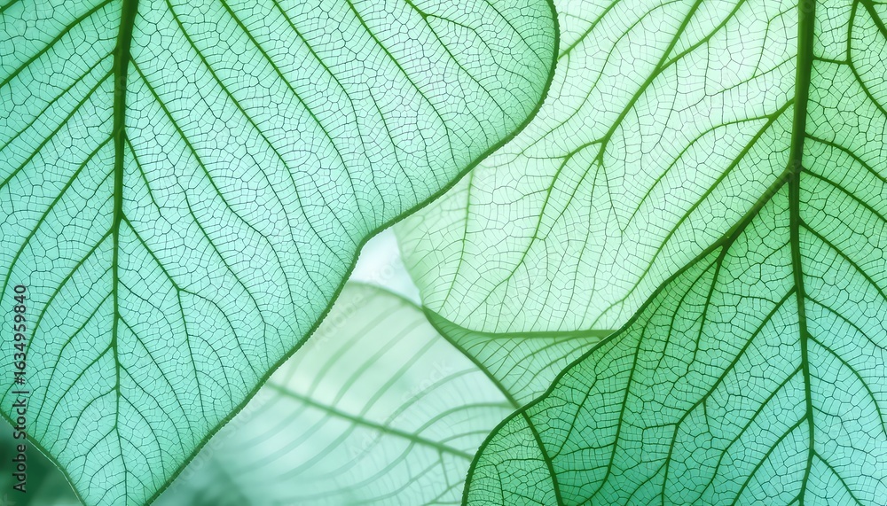 Poster abstract composition displaying translucent leaves with intricate venation patterns in shades of gre
