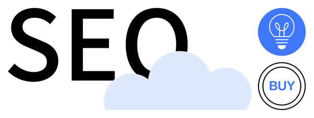 Bold SEO text, blue lightbulb symbolizing ideas, a cloud for virtual concepts, and a buy button. Ideal for marketing, digital strategy, online stores, analytics, innovation branding simple landing