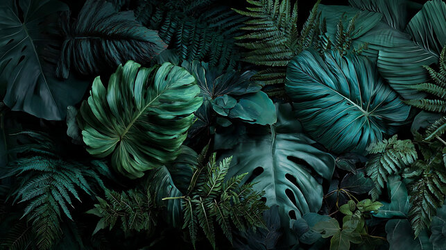 Lush tropical foliage deep emerald and teal tones tropical leaves monstera