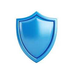 A glossy light blue shield with a dark blue outline on a transparent background isolated