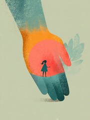 A female figure stands on the palm of a large hand holding a twig, creating the concept of protection, safety, and care, symbolizing parental love and support or environmental care