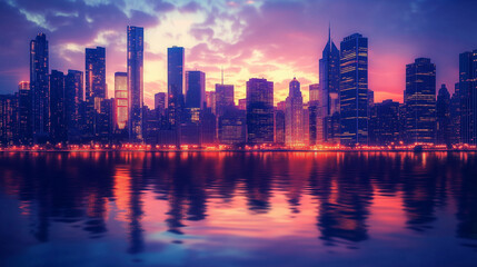 Naklejka premium Urban city skyline at dusk with illuminated skyscrapers reflected on calm water. Stunning modern architecture under dramatic clouds