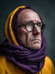 A bald man in glasses with a beard and a purple scarf wrapped around his head and peeking out from under a yellow hoodie looks to the side, creating a portrait concept of style, individuality