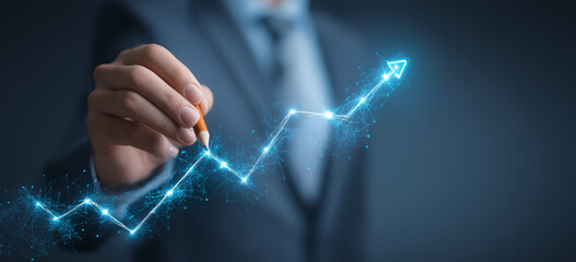 Businessman drawing a growth graph line with a digital screen and business data background for a market or financial banner