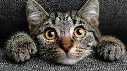 A fluffy tabby cat's face with large green eyes, lying down and looking attentively into the camera, creates a cozy and charming portrait of a pet