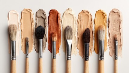 Eight makeup brushes nestled beside swatches of diverse foundation shades, ranging from fair to deep tones, arranged on a neutral background
