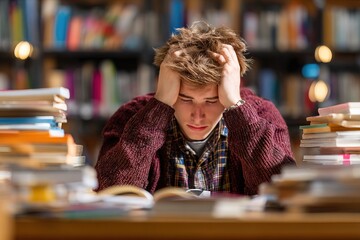 A young male student sits at a table in a library, bowing his head in despair and holding it with his hands, surrounded by piles of books, symbolizing the concept of study fatigue, stress