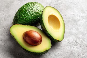 A halved avocado, one half with the pit and the other without, lie side by side, with a whole fruit behind on a gray textured surface, creating a concept of healthy eating and vegan diet