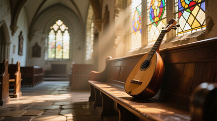 Lute by Stained Glass Window in Old Church