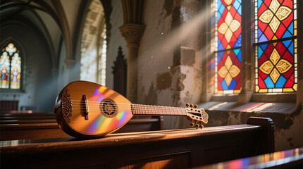 Lute by Stained Glass Window in Old Church