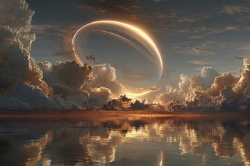 A picturesque fantasy landscape with a planet and its rings on the horizon, reflected in the water, with fluffy clouds, creating a concept of space, another planet, fantasy, and nature