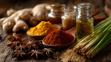 A close-up of a colorful assortment of Thai spices and condiments arranged on a wooden table, showcasing the rich flavors that define Thai cooking.