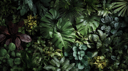 Fototapeta premium Lush verdant foliage diverse tropical plants overhead view jungle leaves