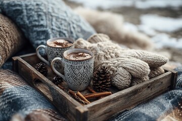 Hot chocolate two cups wooden tray pine cones cinnamon sticks knitted mittens plaid blanket warm winter atmosphere