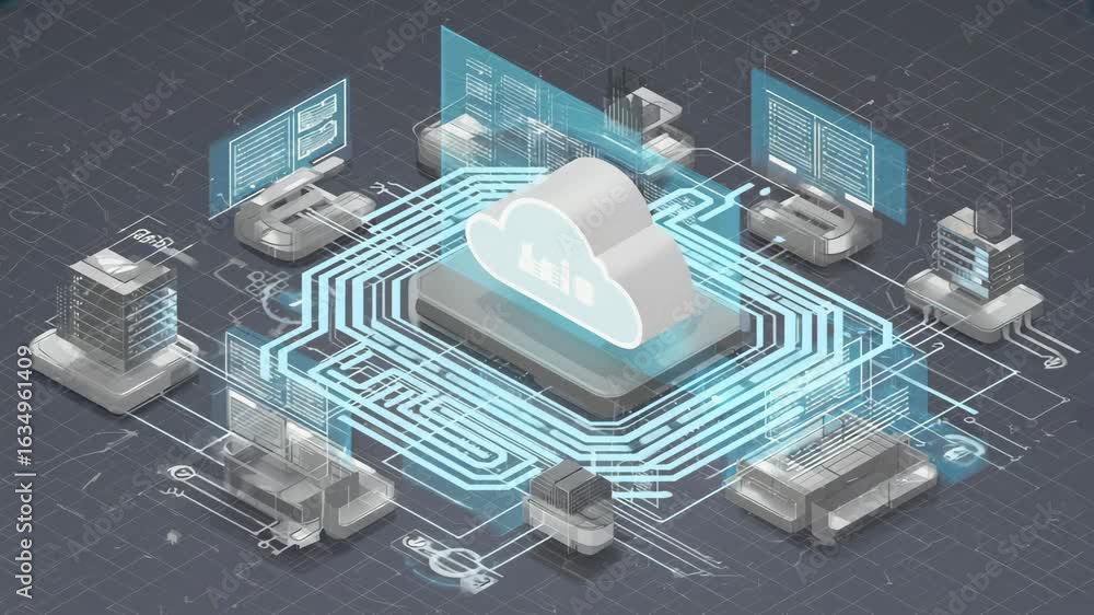 Poster stylized isometric design shows a modern data center linked to cloud platforms for seamless digital 