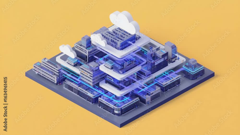 Poster stylized isometric design shows a modern data center linked to cloud platforms for seamless digital 