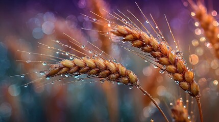 Golden wheat ears covered in dew drops glistening in the sun blurred natural background macro photography