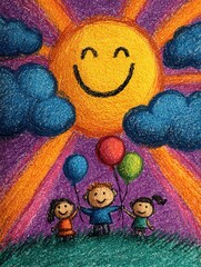 Children's drawing laughing sun rays clouds three children balloons green grass pastel style glitter