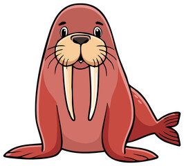 Obraz premium Adorable brown walrus with tusks and whiskers sitting and smiling, a cute cartoon animal character illustration