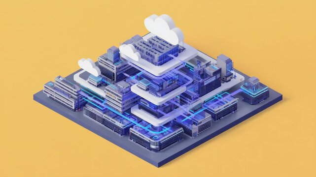 Stylized isometric design shows a modern data center linked to cloud platforms for seamless digital operations.
